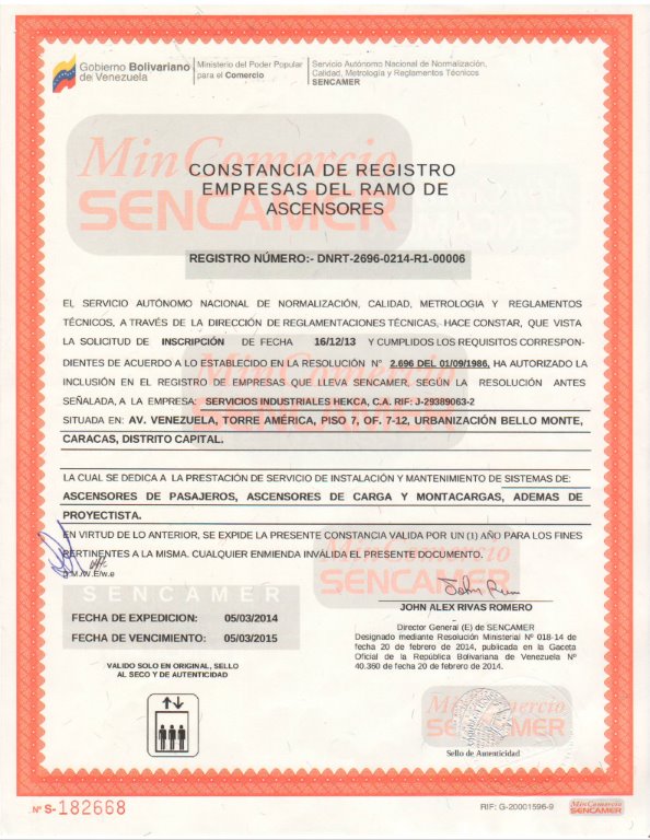 SENCAMER Constancia de Registro de Empresas del Ramo de Ascensores